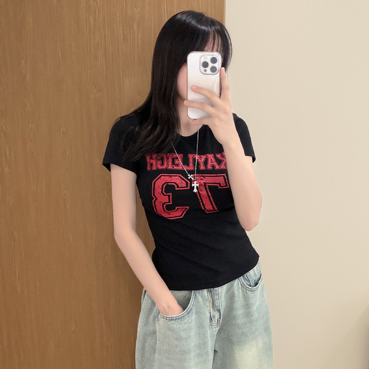 ラウンドサイドシャーリングレタリングTシャツ BLACK