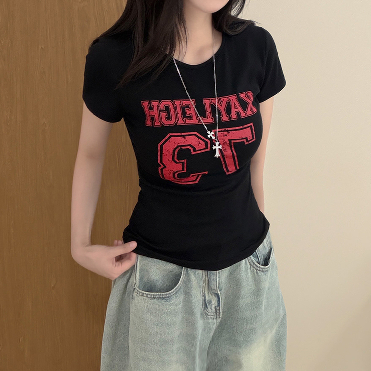 ラウンドサイドシャーリングレタリングTシャツ BLACK