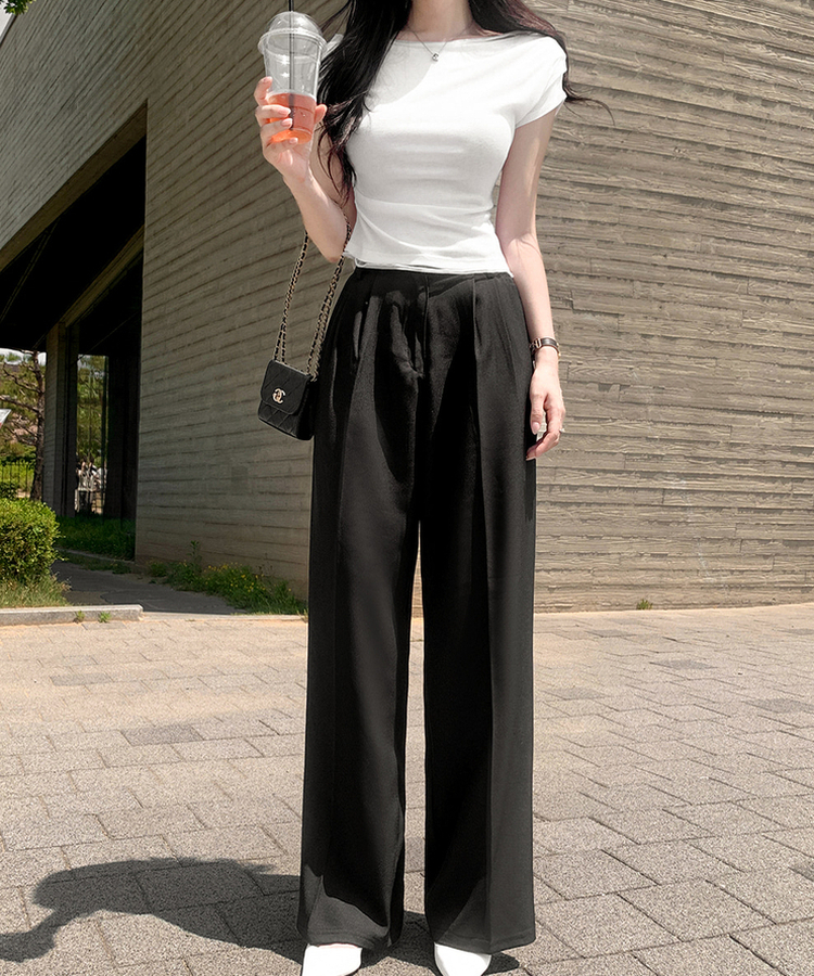 【丈別】ピンタックワイドスラックスパンツ BLACK