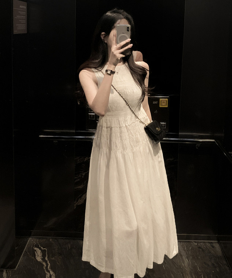 シャーリングノースリーブロングワンピース IVORY