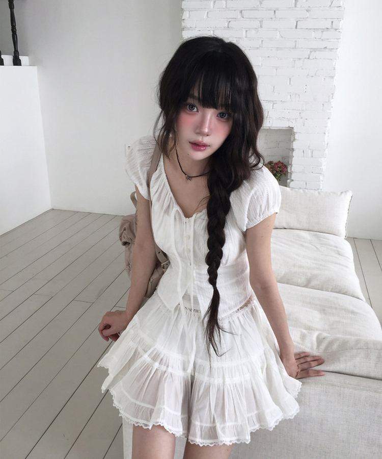 レースシャーリングパフブラウス IVORY
