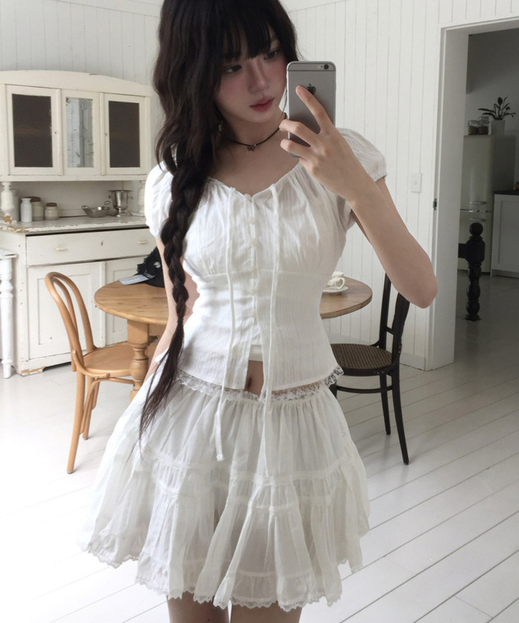 レースシャーリングパフブラウス IVORY