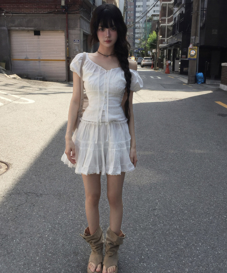レースシャーリングパフブラウス IVORY