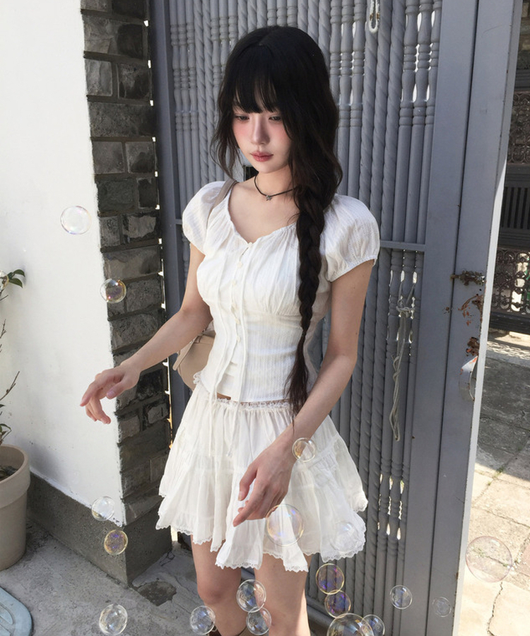 レースシャーリングパフブラウス IVORY