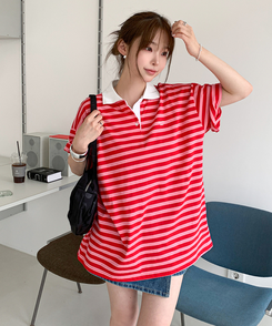 Cotton Traders ラガーシャツ 半袖 赤×紺／O／ニュージーランド製 カラールーズ半袖ラガーTシャツ｜半袖Tシャツ｜韓国ファッション通販 SONA