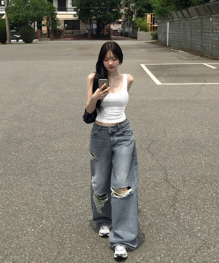 리펜 벌룬 데미지 와이드 롱 팬츠 데님 청바지 찢청 워싱 디스트로이드 데일리 빈티지 Y2K 힙무드 유니크 여름신상여름팬츠 연청