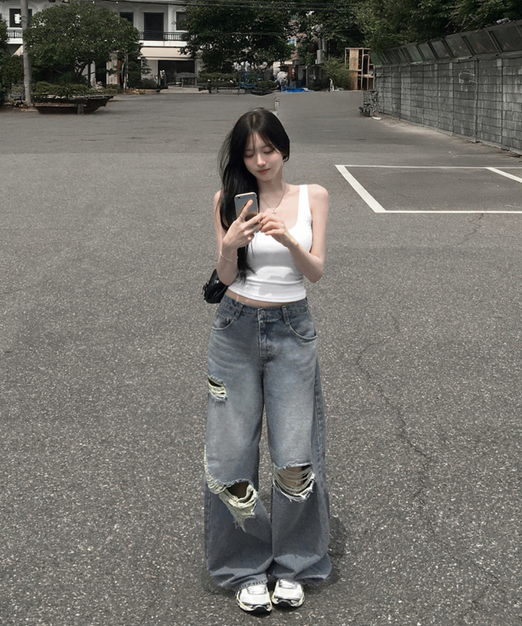 리펜 벌룬 데미지 와이드 롱 팬츠 데님 청바지 찢청 워싱 디스트로이드 데일리 빈티지 Y2K 힙무드 유니크 여름신상여름팬츠 연청
