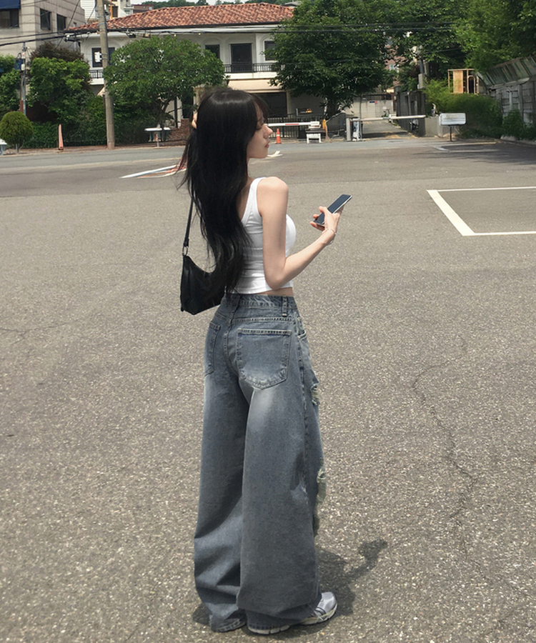 리펜 벌룬 데미지 와이드 롱 팬츠 데님 청바지 찢청 워싱 디스트로이드 데일리 빈티지 Y2K 힙무드 유니크 여름신상여름팬츠 연청