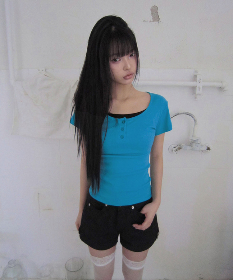レイヤードヘンリーネック半袖Tシャツ(8color) AQUA BLUE