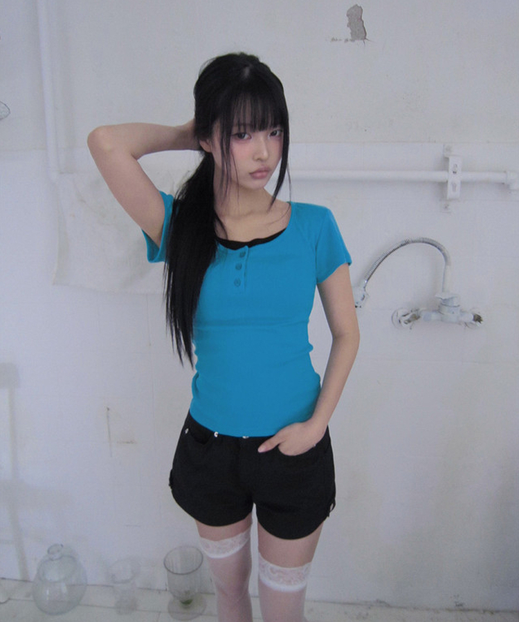 レイヤードヘンリーネック半袖Tシャツ(8color) AQUA BLUE