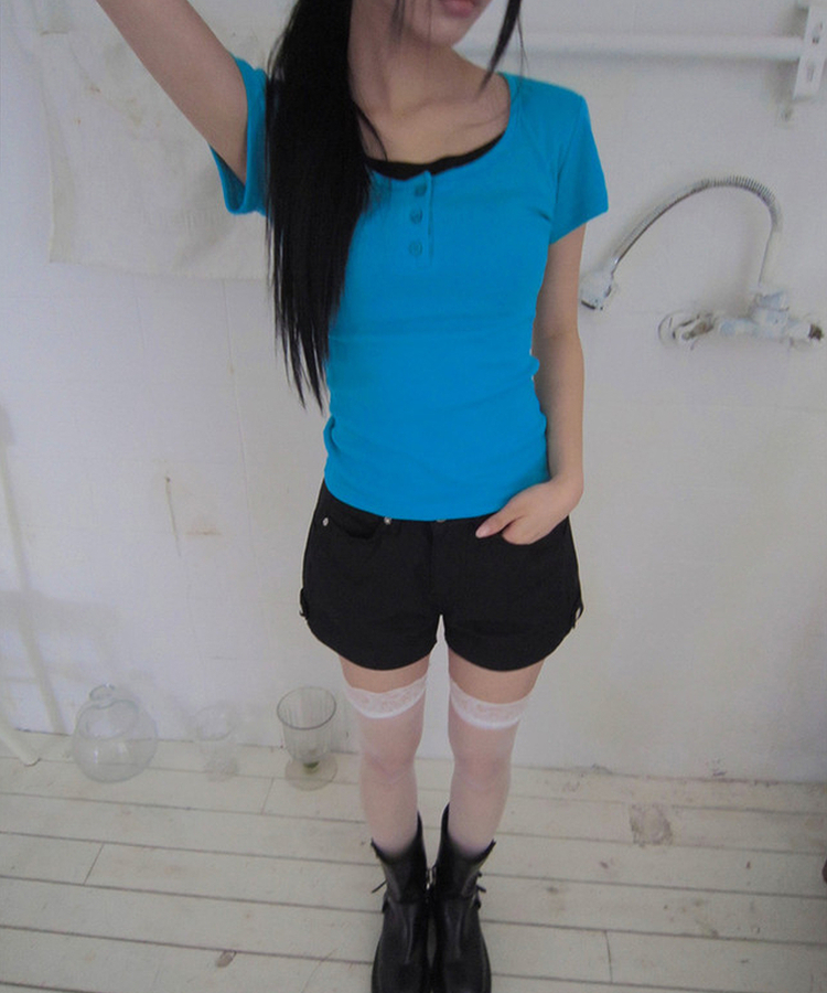 レイヤードヘンリーネック半袖Tシャツ(8color) AQUA BLUE