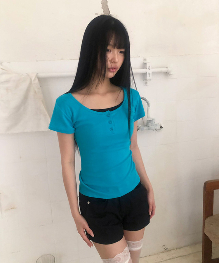 レイヤードヘンリーネック半袖Tシャツ(8color) AQUA BLUE