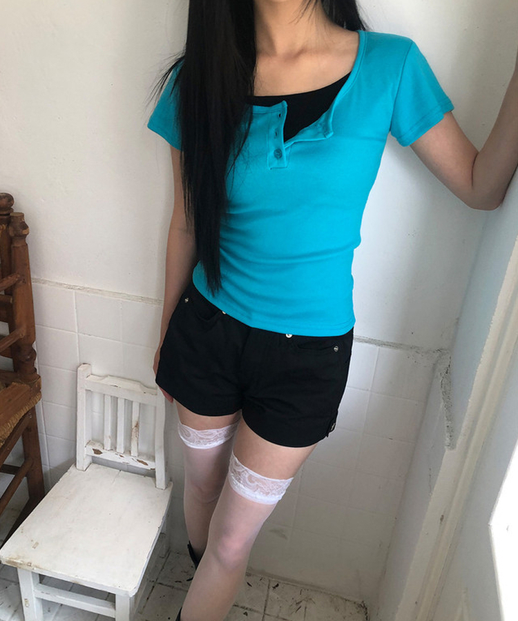 レイヤードヘンリーネック半袖Tシャツ(8color) AQUA BLUE