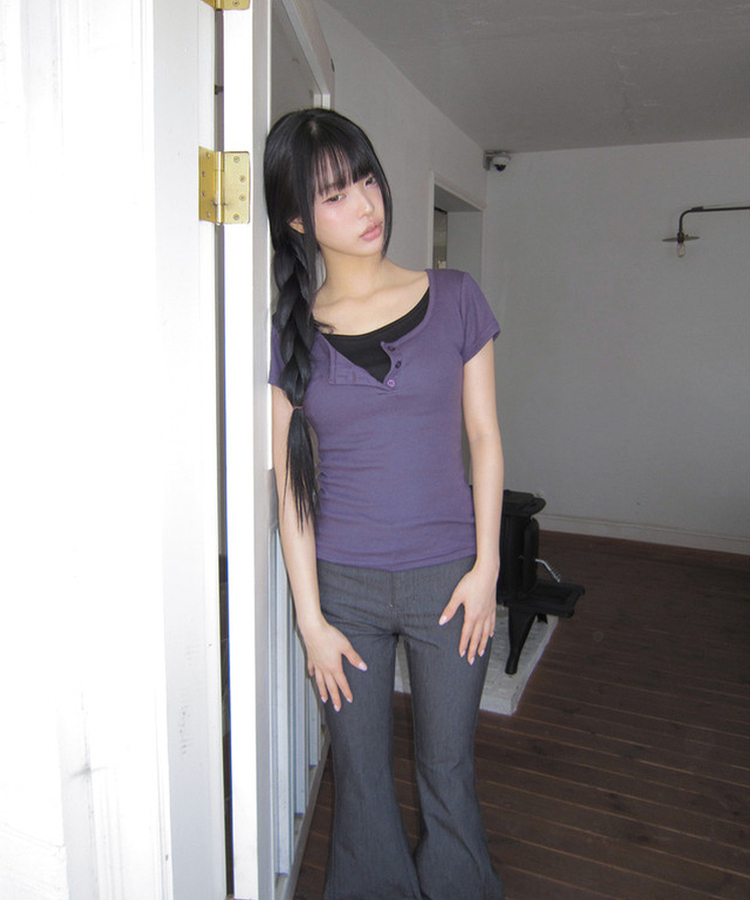 レイヤードヘンリーネック半袖Tシャツ(8color) PURPLE