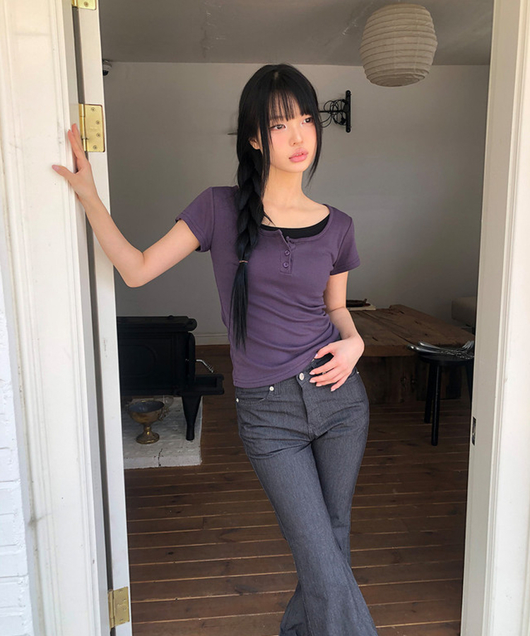 レイヤードヘンリーネック半袖Tシャツ(8color) PURPLE