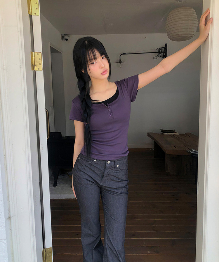 レイヤードヘンリーネック半袖Tシャツ(8color) PURPLE