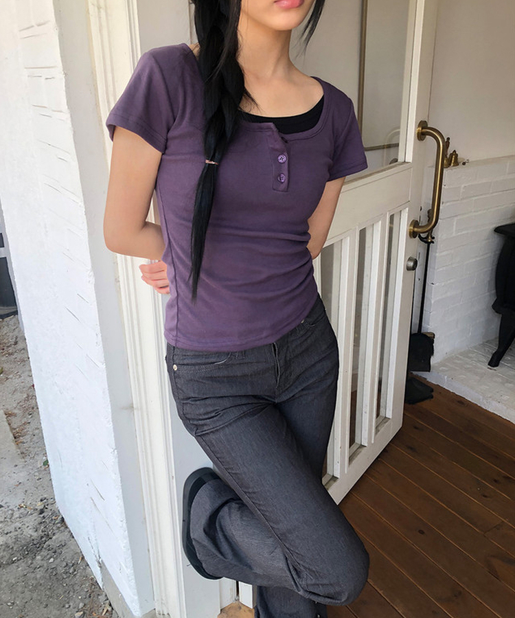 レイヤードヘンリーネック半袖Tシャツ(8color) PURPLE