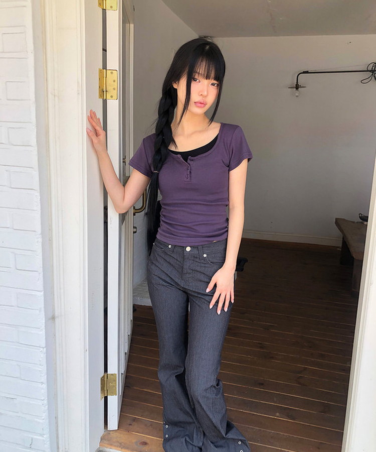 レイヤードヘンリーネック半袖Tシャツ(8color) PURPLE