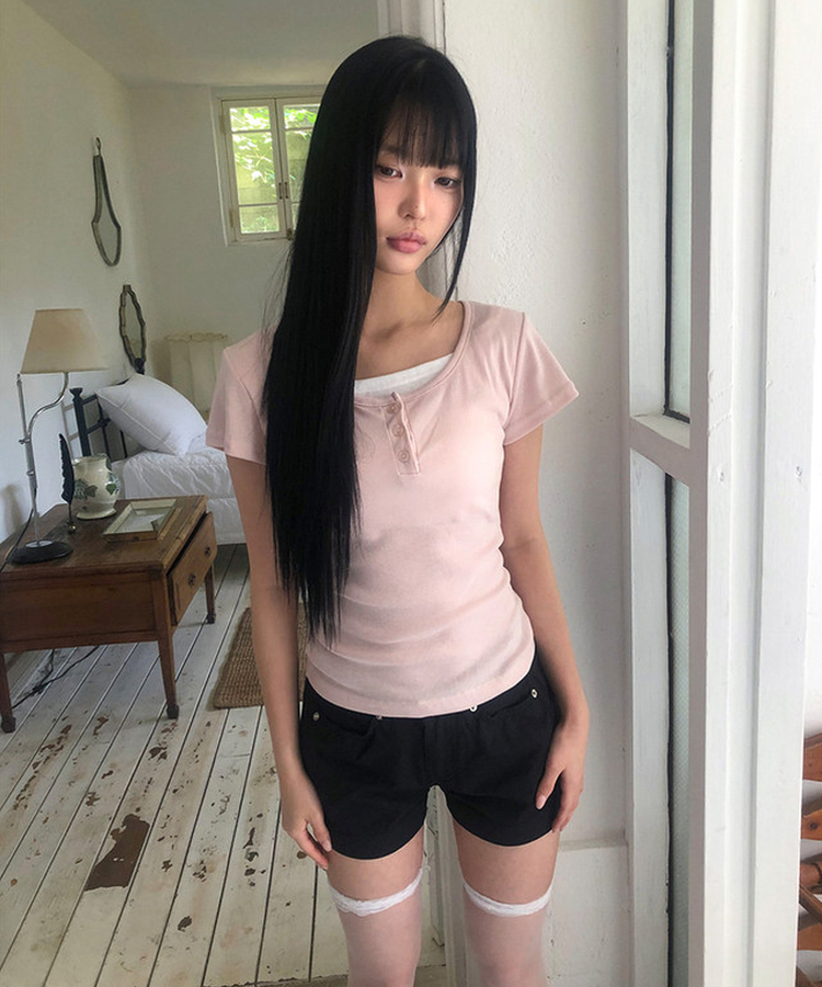 レイヤードヘンリーネック半袖Tシャツ(8color) PINK