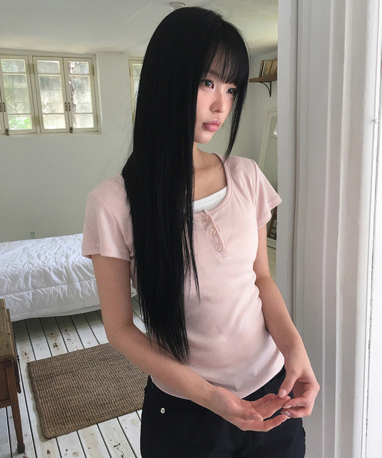 レイヤードヘンリーネック半袖Tシャツ(8color) PINK