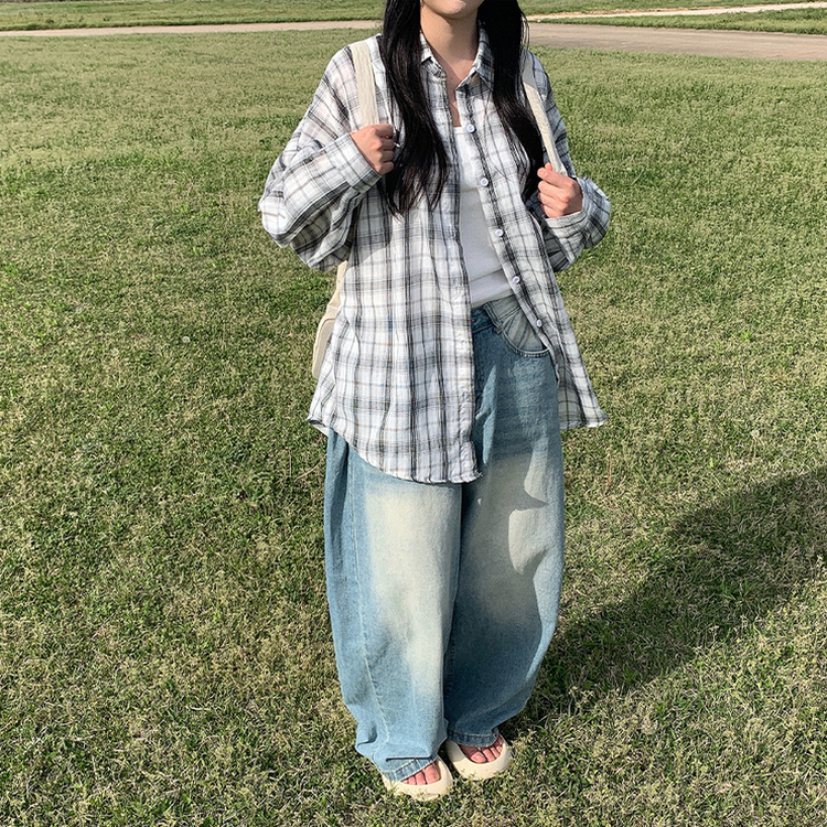 シアーオーバーサイズチェック長袖シャツ IVORY