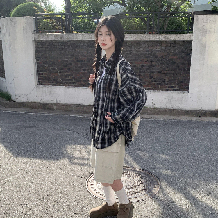 シアーオーバーサイズチェック長袖シャツ BLACK