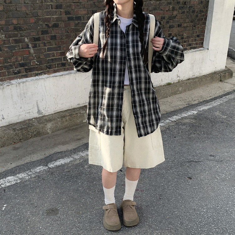 シアーオーバーサイズチェック長袖シャツ BLACK