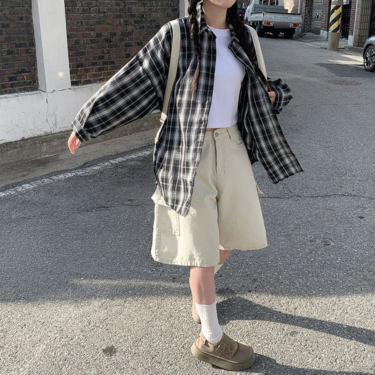 シアーオーバーサイズチェック長袖シャツ BLACK