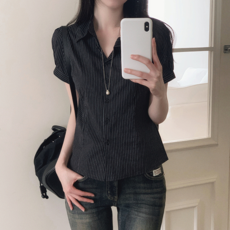 ストライプ半袖シャツ BLACK