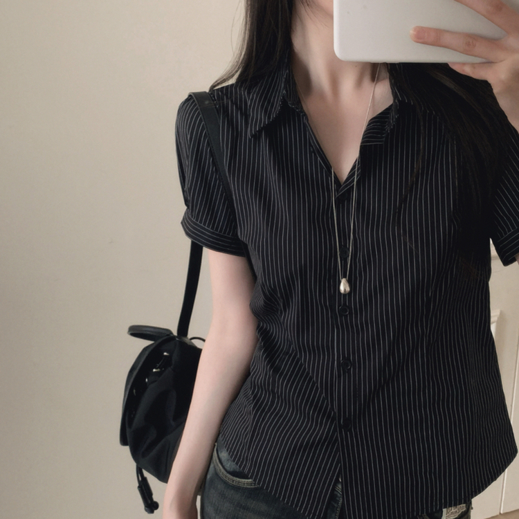 ストライプ半袖シャツ BLACK