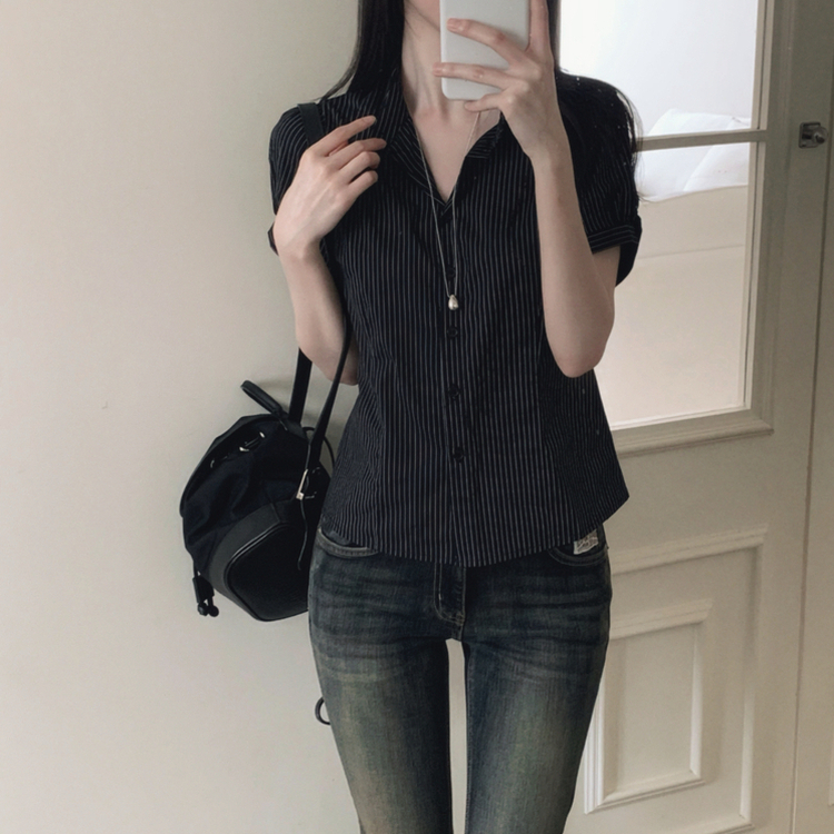 ストライプ半袖シャツ BLACK