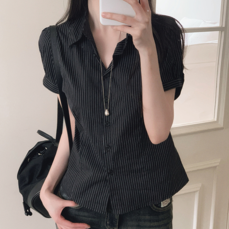 ストライプ半袖シャツ BLACK