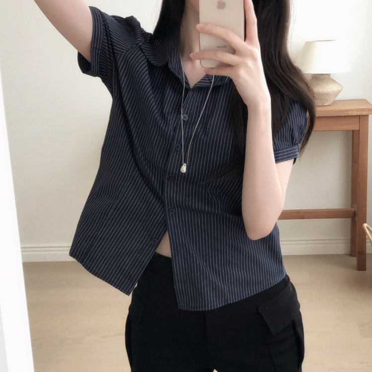 ストライプ半袖シャツ NAVY