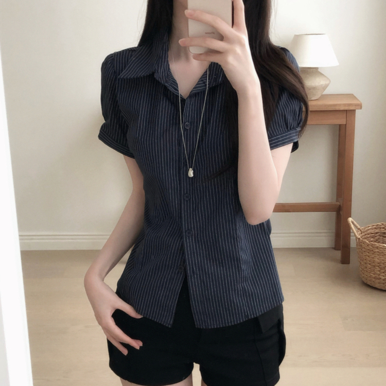 ストライプ半袖シャツ NAVY