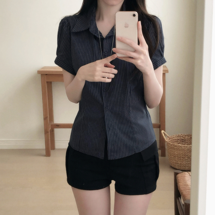 ストライプ半袖シャツ NAVY