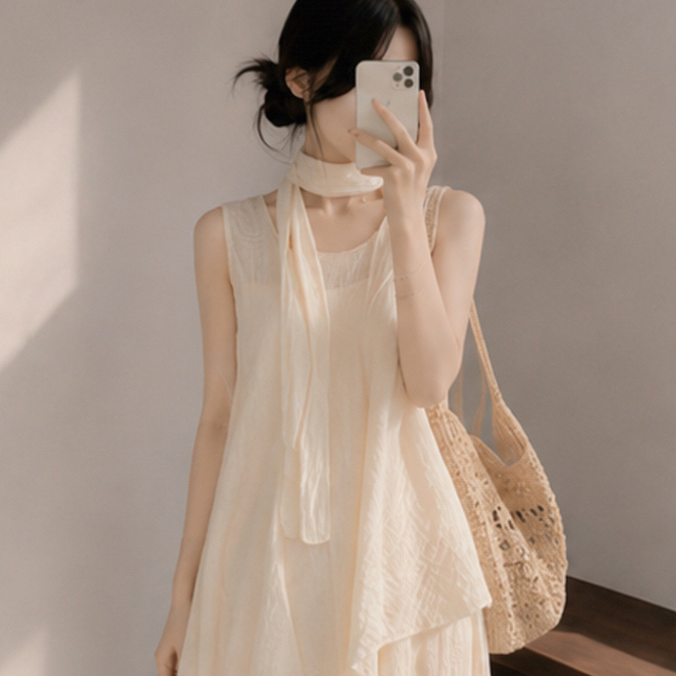 【SET】【タイ付き】アシメブラウス＋キャミロングワンピース CREAM