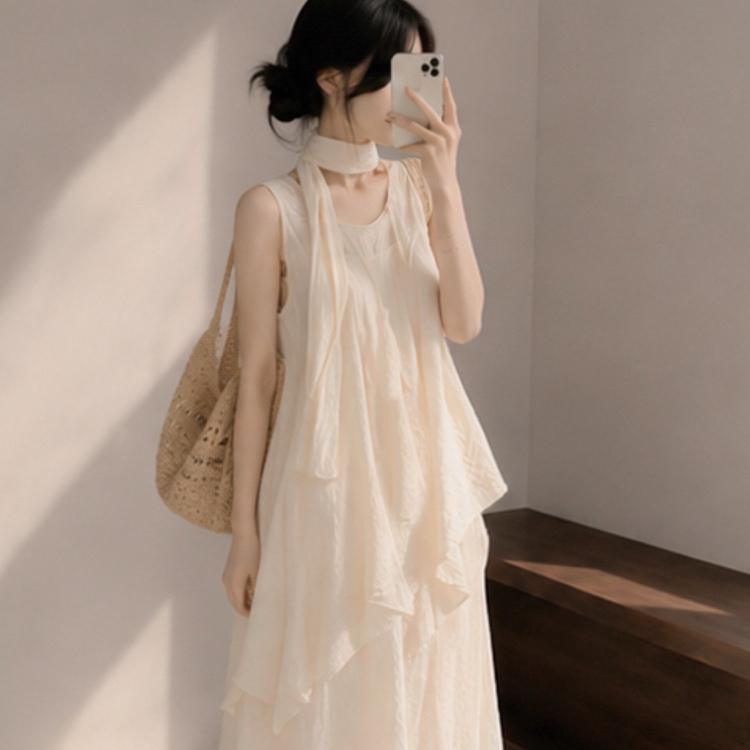 【SET】【タイ付き】アシメブラウス＋キャミロングワンピース CREAM