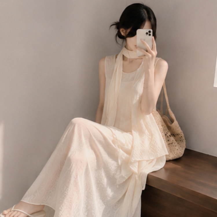 【SET】【タイ付き】アシメブラウス＋キャミロングワンピース CREAM