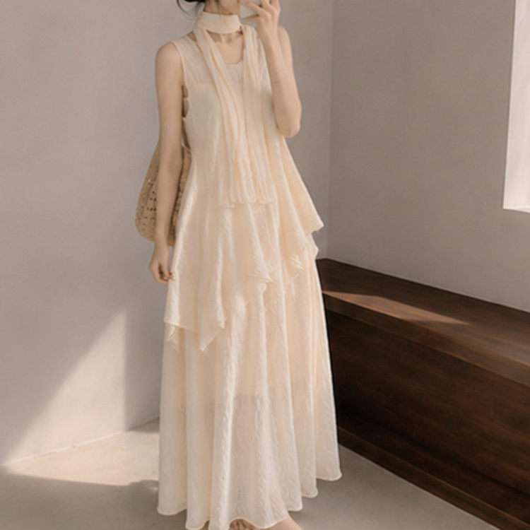 【SET】【タイ付き】アシメブラウス＋キャミロングワンピース CREAM
