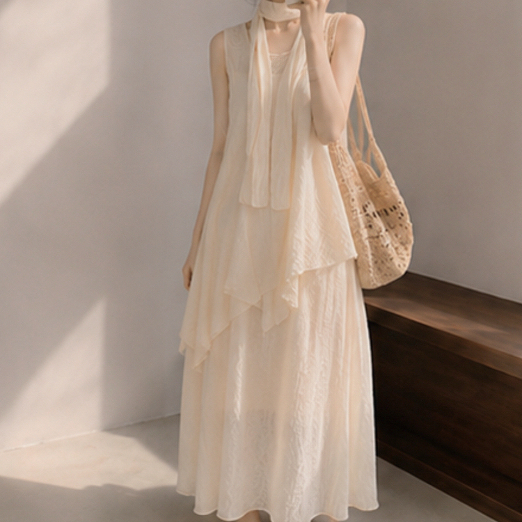 【SET】【タイ付き】アシメブラウス＋キャミロングワンピース CREAM