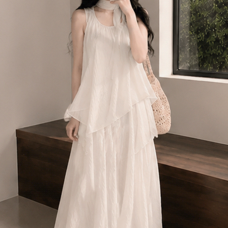 【SET】【タイ付き】アシメブラウス＋キャミロングワンピース IVORY