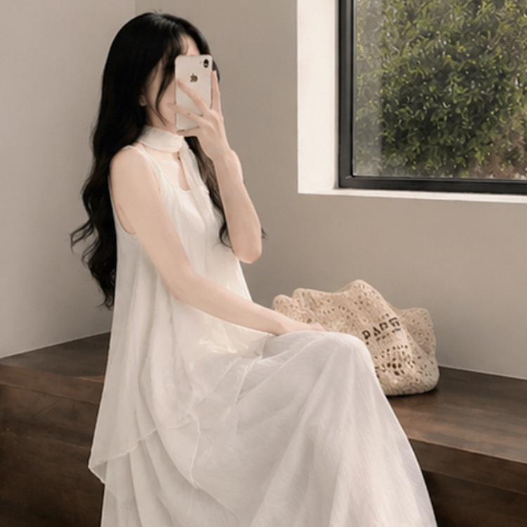 【SET】【タイ付き】アシメブラウス＋キャミロングワンピース IVORY