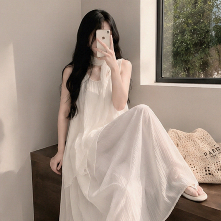 【SET】【タイ付き】アシメブラウス＋キャミロングワンピース IVORY