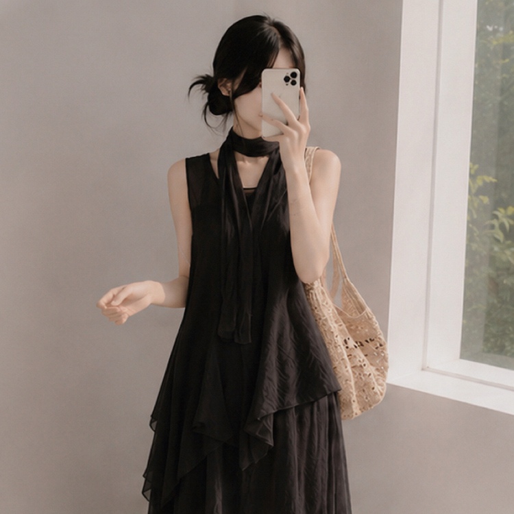 【SET】【タイ付き】アシメブラウス＋キャミロングワンピース BLACK