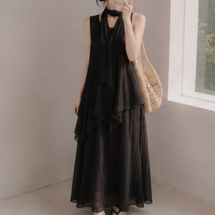 【SET】【タイ付き】アシメブラウス＋キャミロングワンピース BLACK