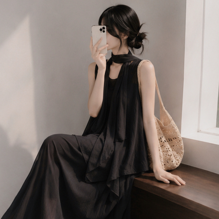 【SET】【タイ付き】アシメブラウス＋キャミロングワンピース BLACK