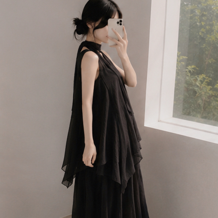 【SET】【タイ付き】アシメブラウス＋キャミロングワンピース BLACK