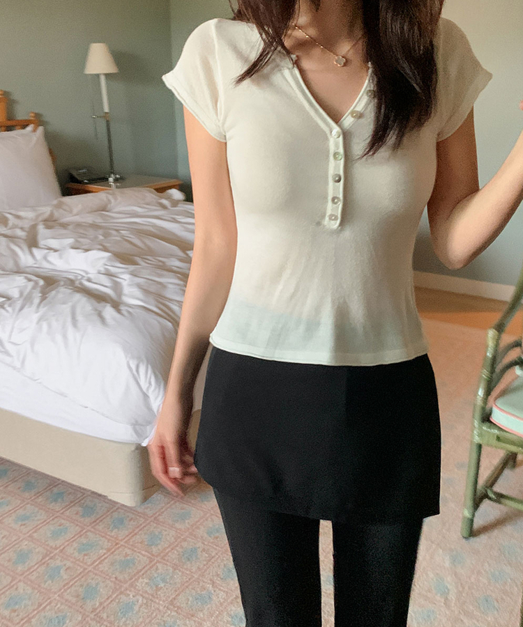 ボタンVネックレイヤード半袖ニット(6color) IVORY
