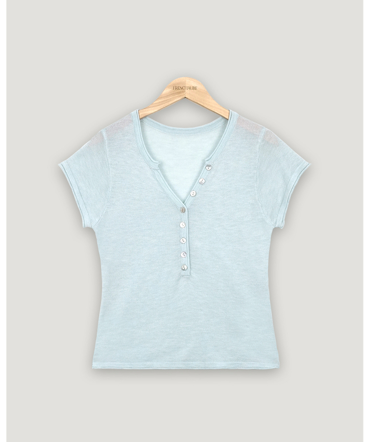 ボタンVネックレイヤード半袖ニット(6color)