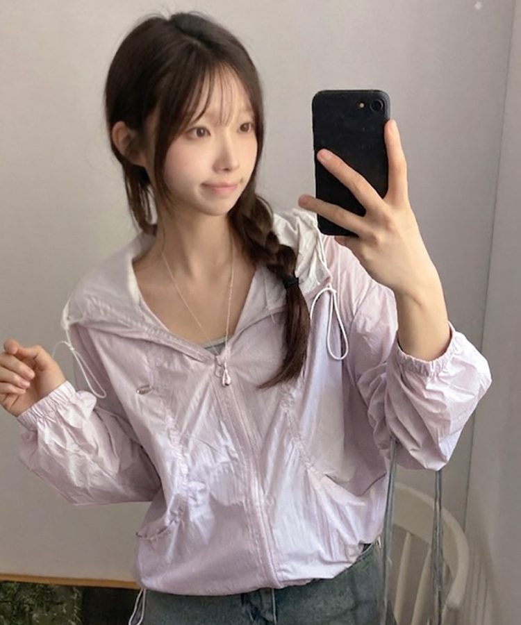 치코 후드 배색 팬던트 바람막이 점퍼 연보라